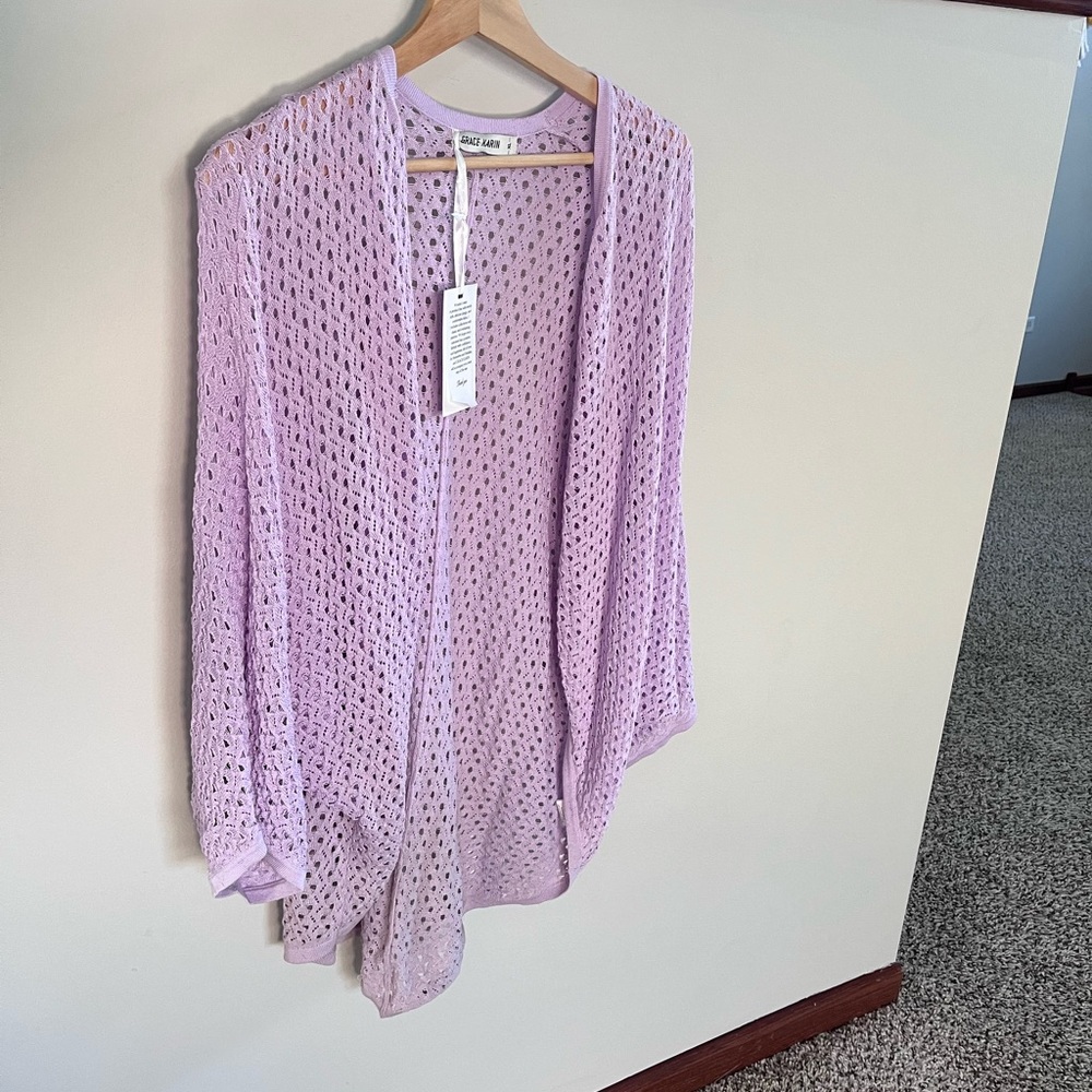 Grace Karin Lilac Crochet Cardigan Open Knit‎ Lightweight Cover Up Long Sleeve